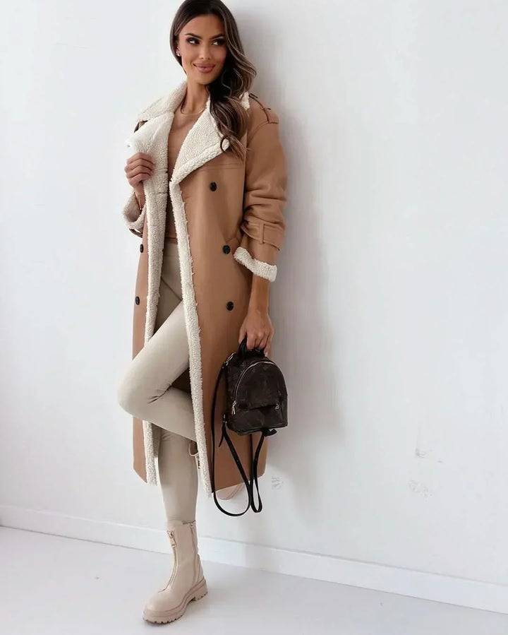 Winter Trench Coat Women Faux Fur Lined Double Breasted Belted