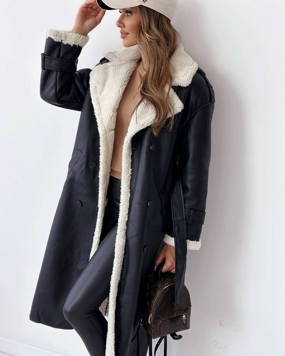 Winter Trench Coat Women Faux Fur Lined Double Breasted Belted