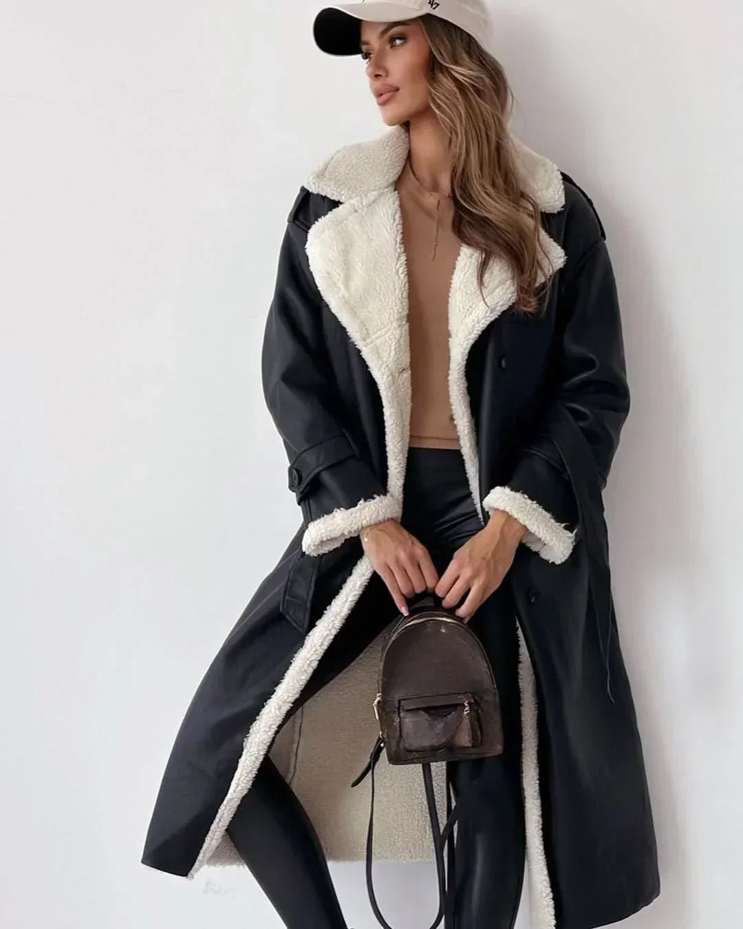 Winter Trench Coat Women Faux Fur Lined Double Breasted Belted