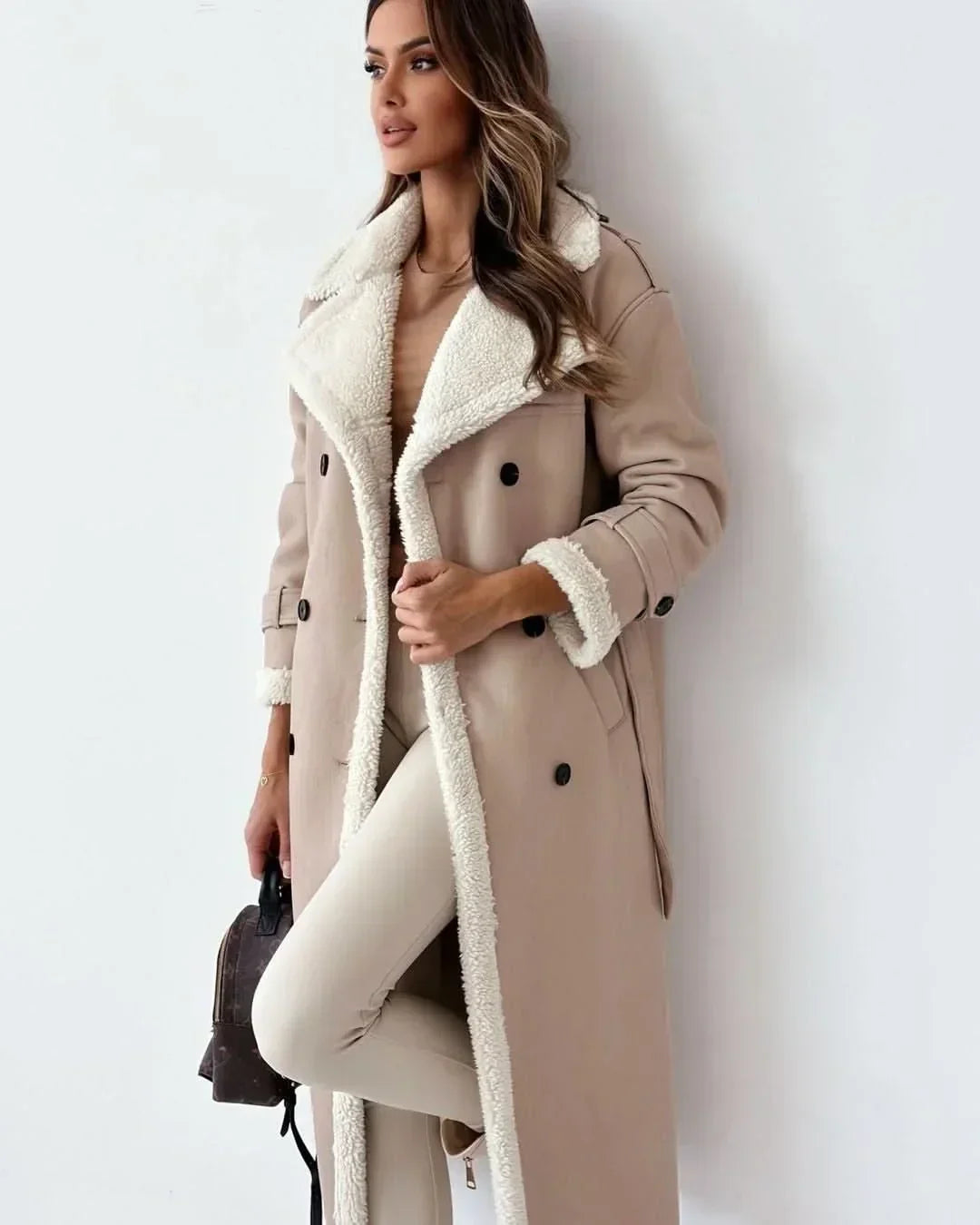 Winter Trench Coat Women Faux Fur Lined Double Breasted Belted