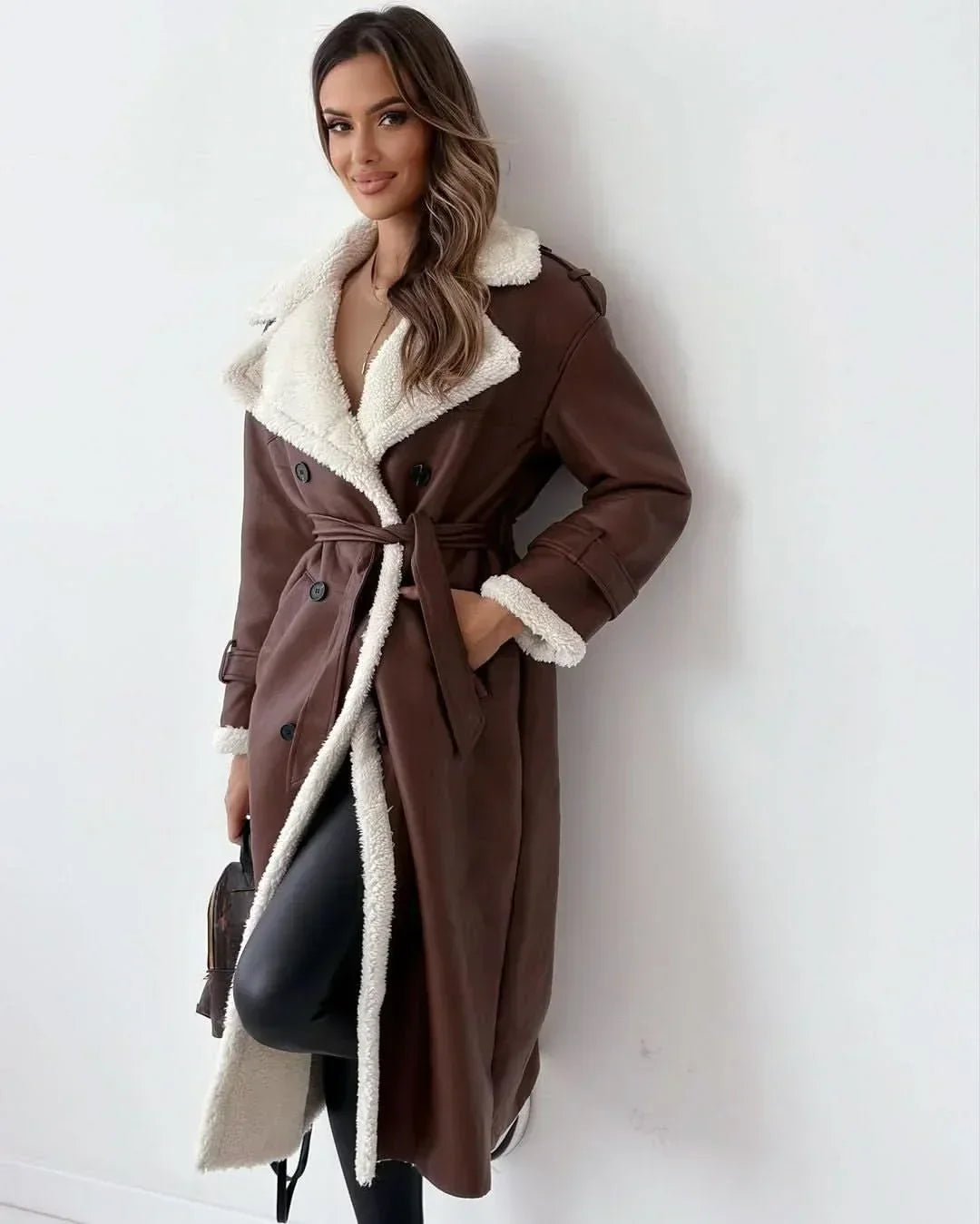 Winter Trench Coat Women Faux Fur Lined Double Breasted Belted