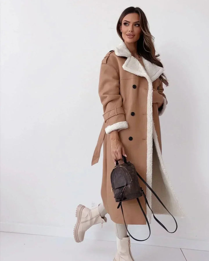 Winter Trench Coat Women Faux Fur Lined Double Breasted Belted