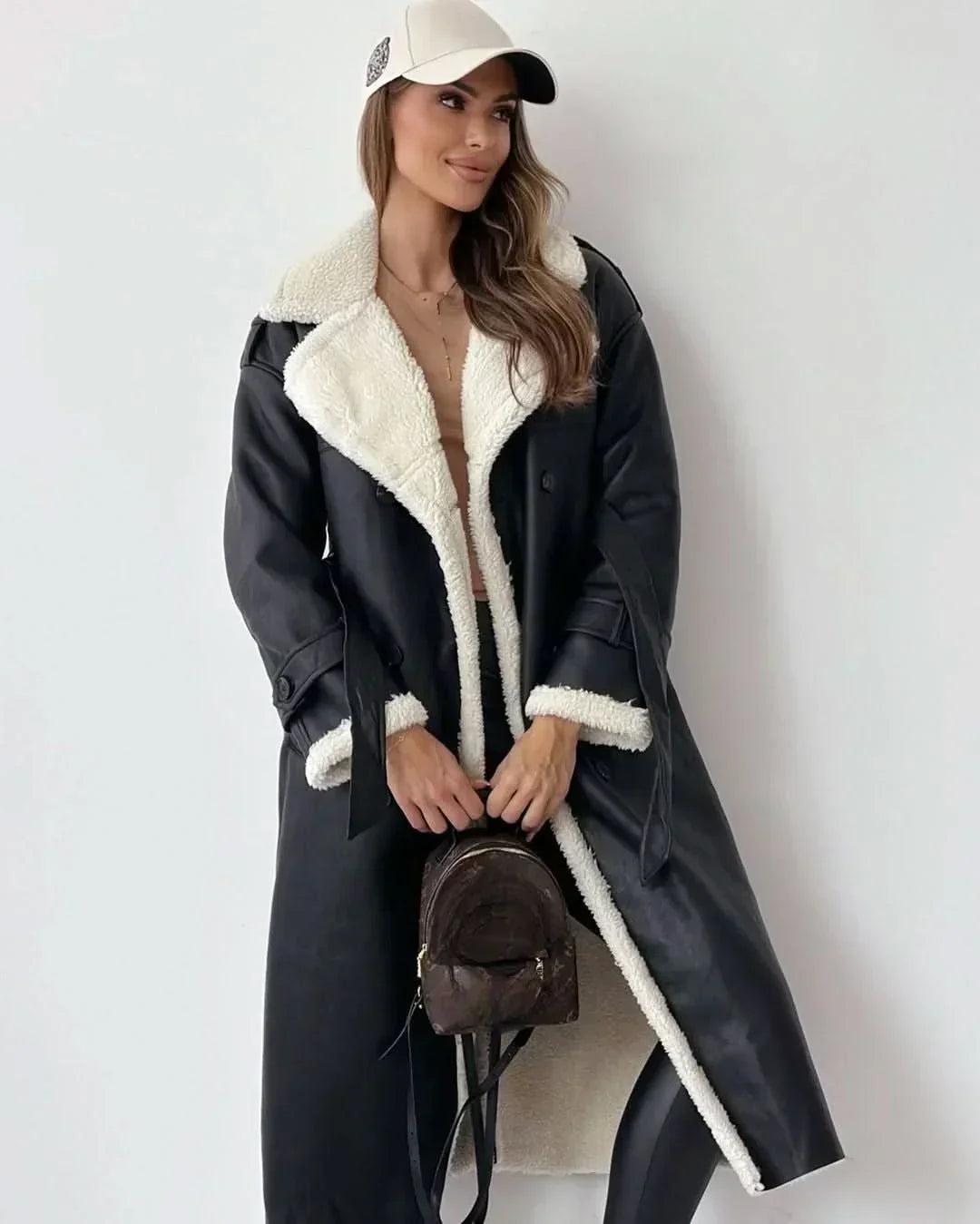 Winter Trench Coat Women Faux Fur Lined Double Breasted Belted