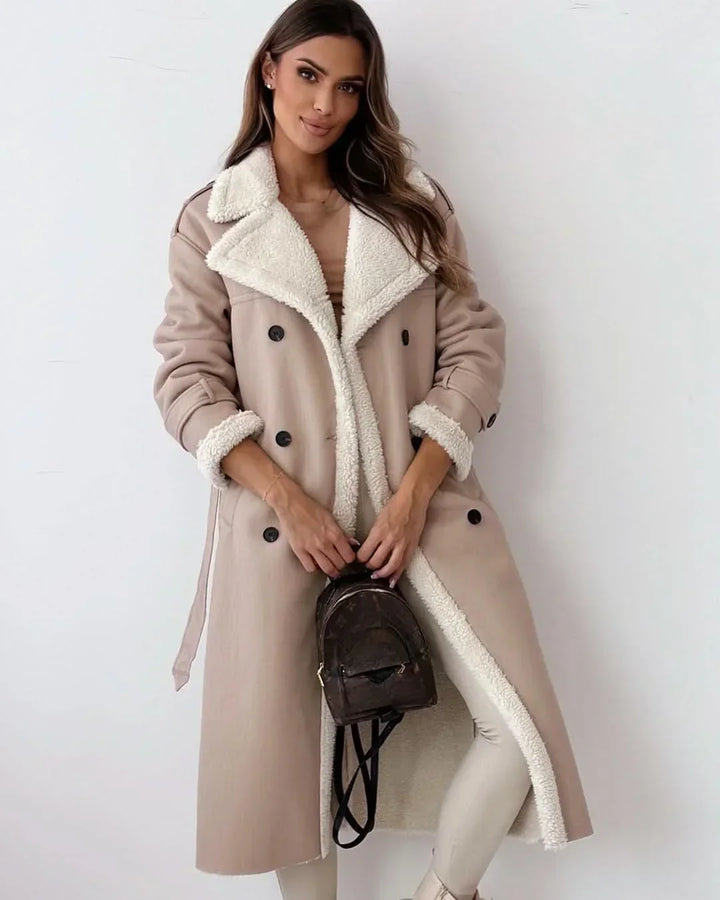 Winter Trench Coat Women Faux Fur Lined Double Breasted Belted