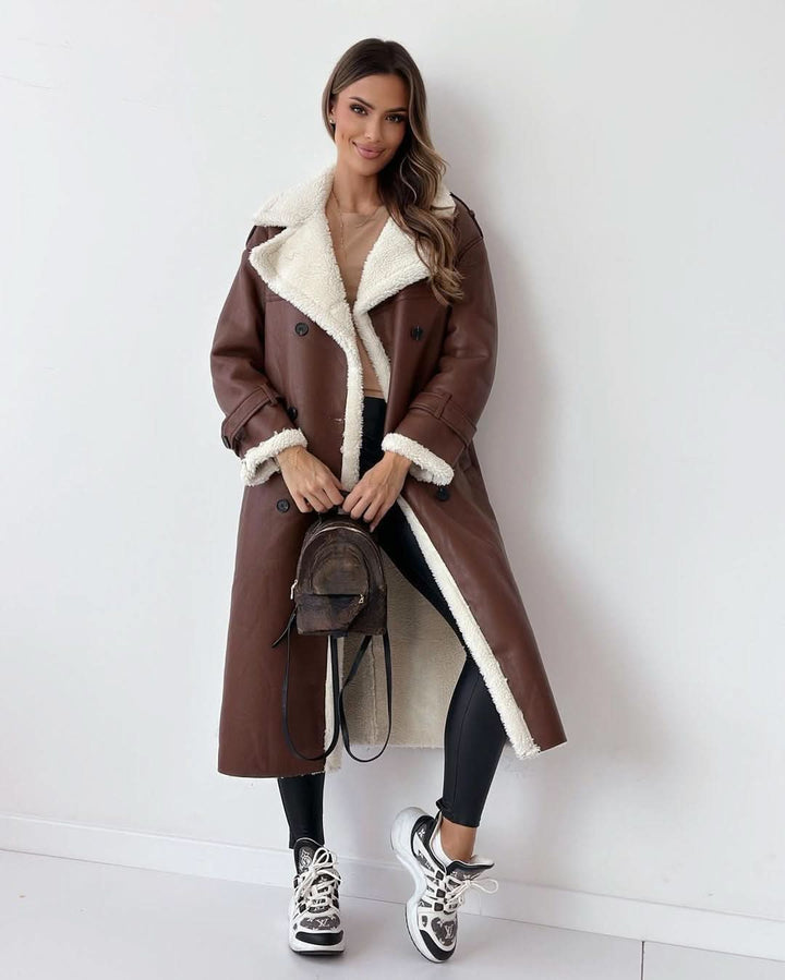 Winter Trench Coat Women Faux Fur Lined Double Breasted Belted