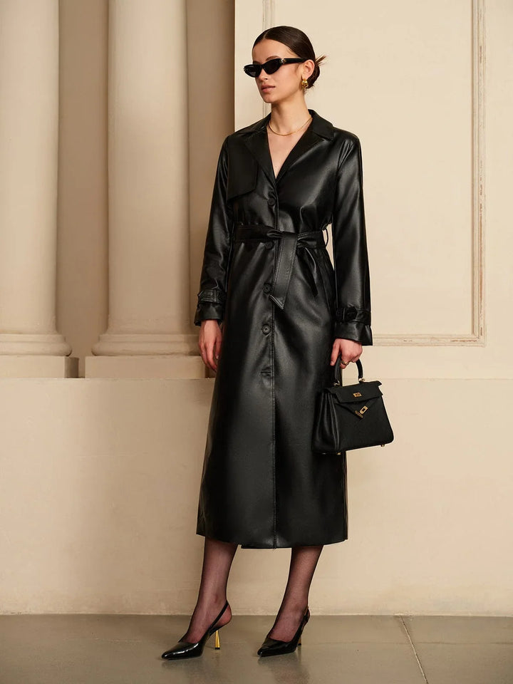 Winter Faux Leather Trench Coat Women Belted Button Front Midi