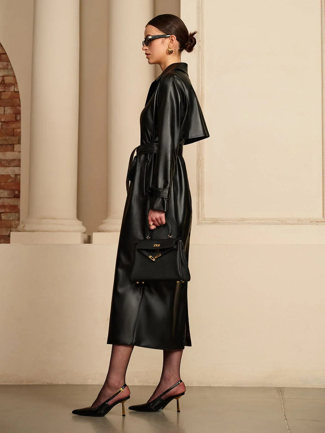 Winter Faux Leather Trench Coat Women Belted Button Front Midi