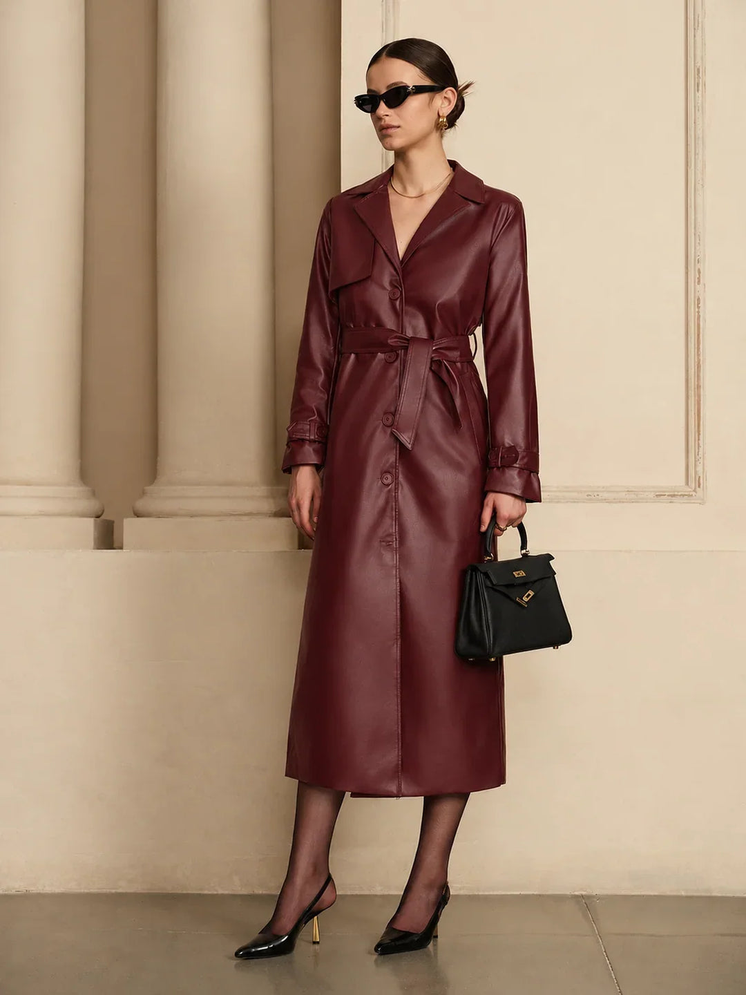 Winter Faux Leather Trench Coat Women Belted Button Front Midi