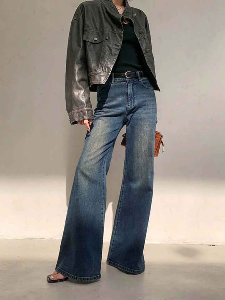 Vintage Wash High-Waisted Wide-Leg Denim Jeans