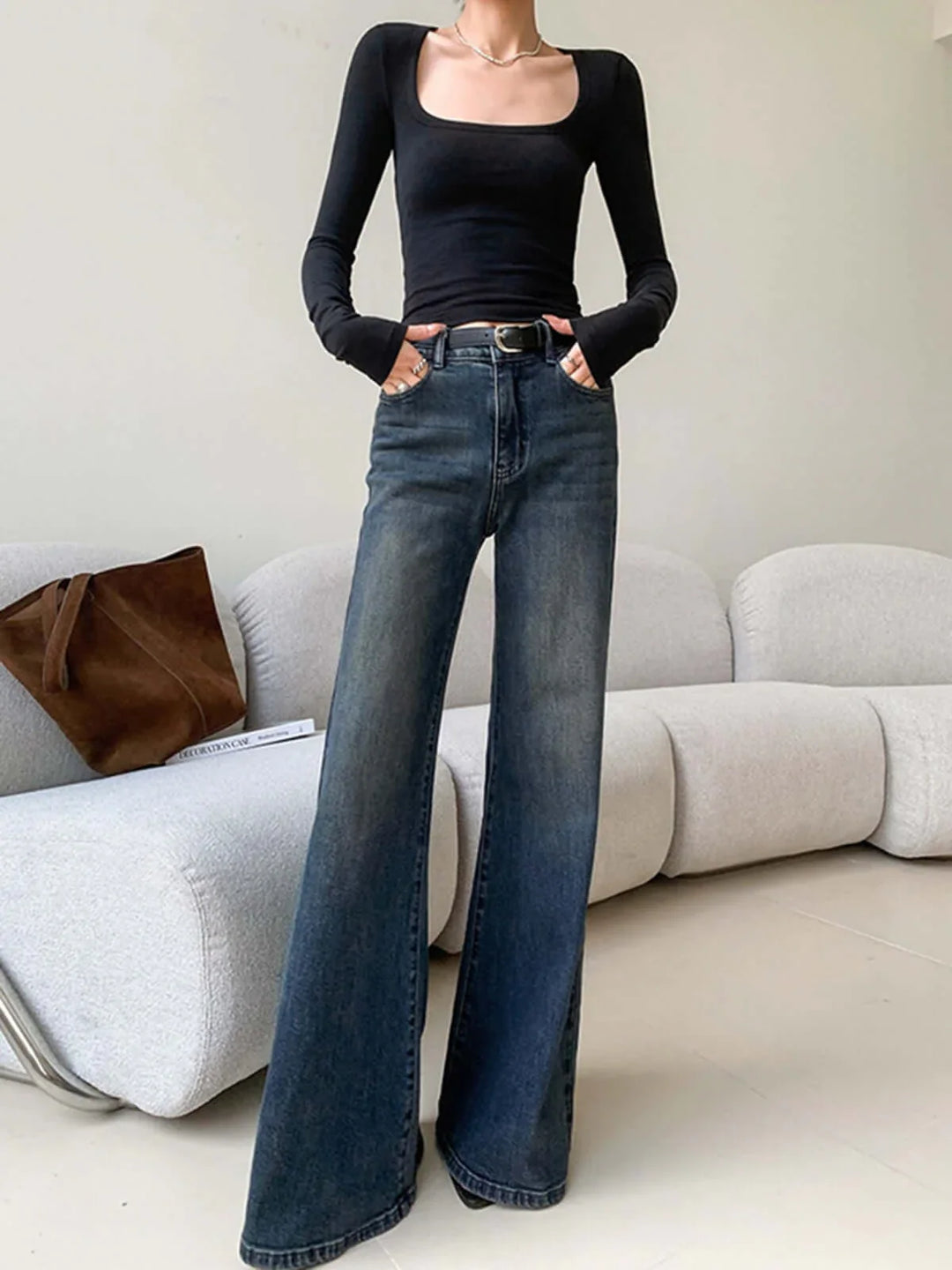 Vintage Wash High-Waisted Wide-Leg Denim Jeans