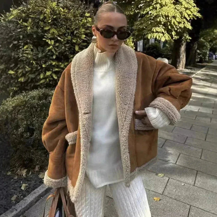 Winter Brown Suede Sherpa Lined Coat Women Lapel Collar Jacket
