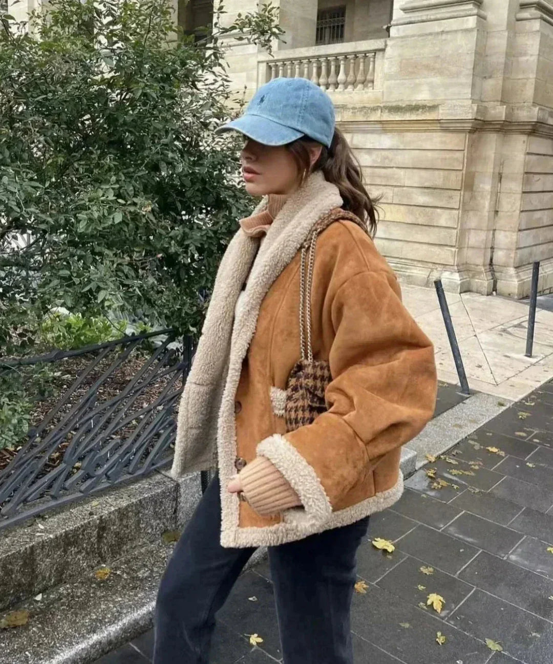 Winter Brown Suede Sherpa Lined Coat Women Lapel Collar Jacket