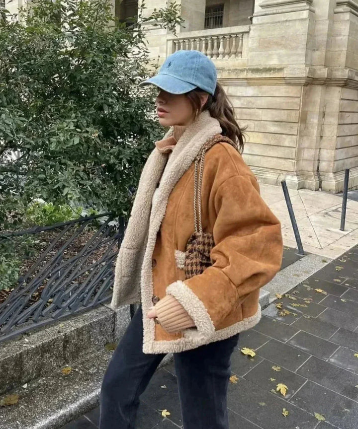 Winter Brown Suede Sherpa Lined Coat Women Lapel Collar Jacket