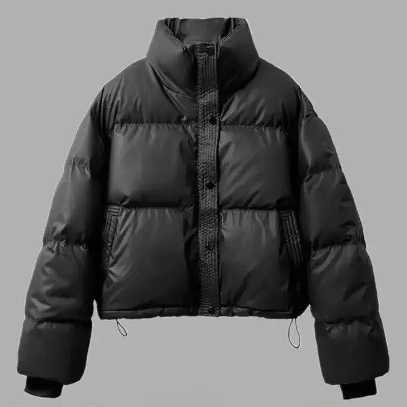 Cropped Puffer Coat - High Collar Button Front Women's Winter