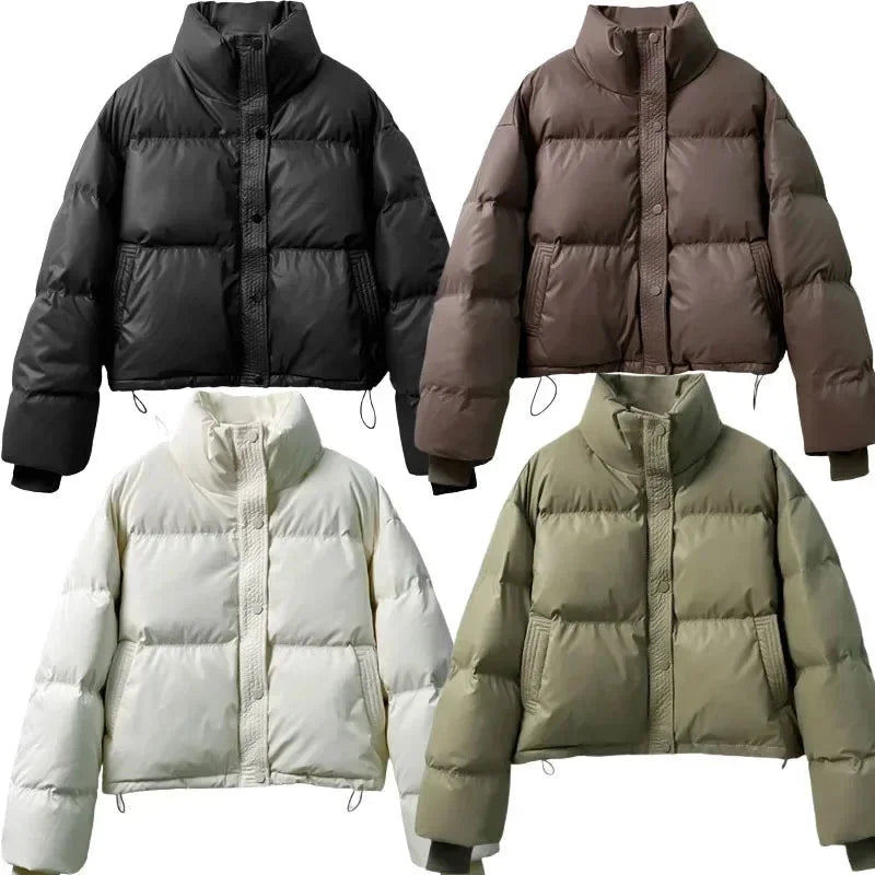 Cropped Puffer Coat - High Collar Button Front Women's Winter