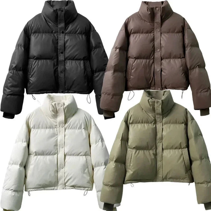 Cropped Puffer Coat - High Collar Button Front Women's Winter