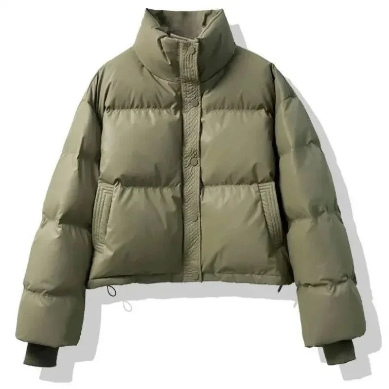 Cropped Puffer Coat - High Collar Button Front Women's Winter