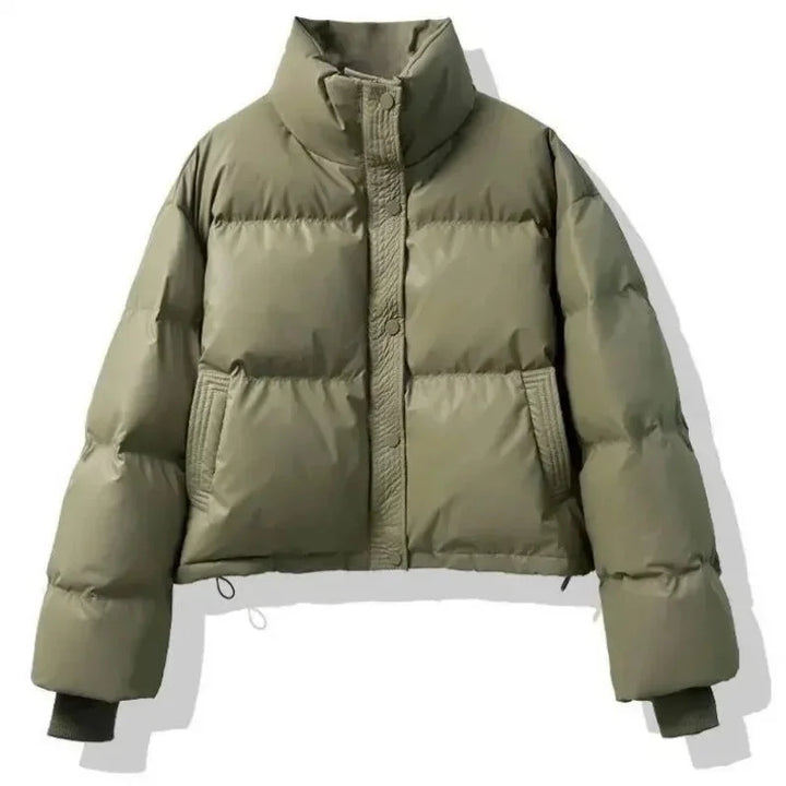 Cropped Puffer Coat - High Collar Button Front Women's Winter