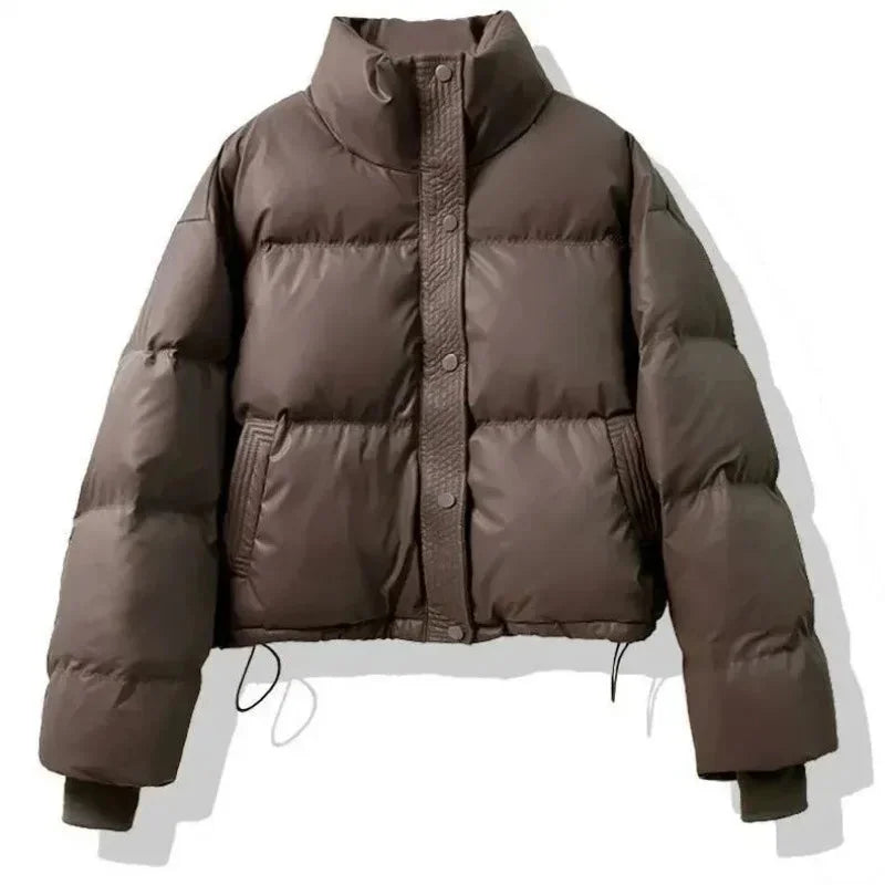 Cropped Puffer Coat - High Collar Button Front Women's Winter