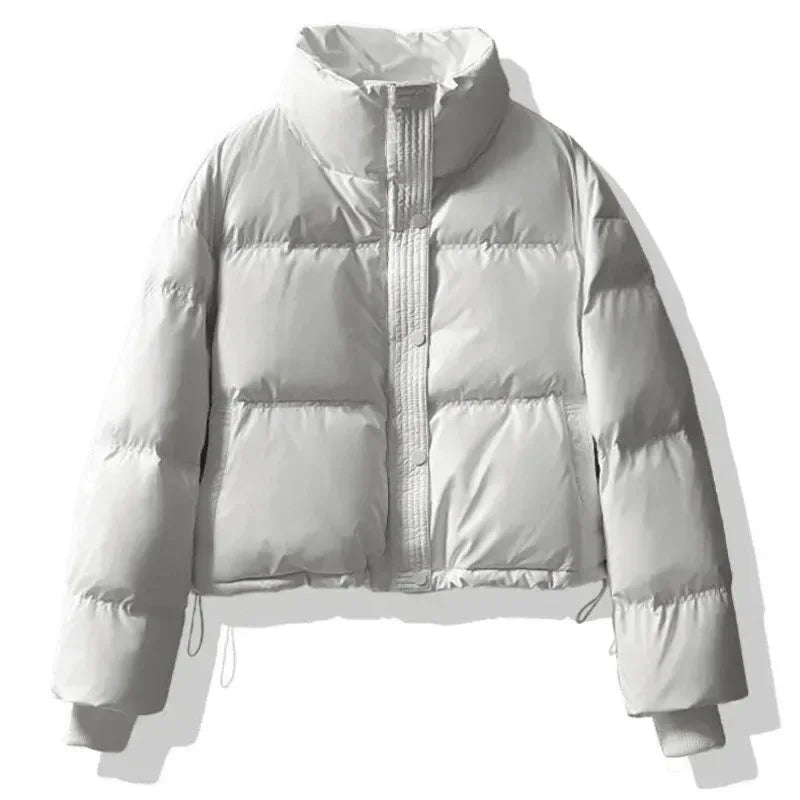 Cropped Puffer Coat - High Collar Button Front Women's Winter