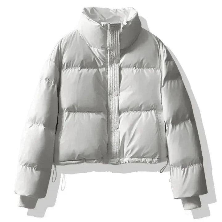 Cropped Puffer Coat - High Collar Button Front Women's Winter