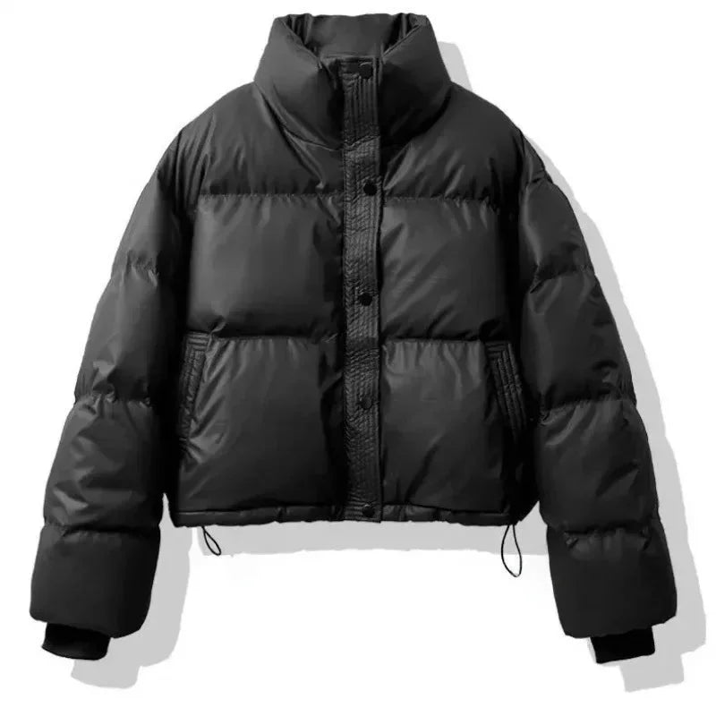 Cropped Puffer Coat - High Collar Button Front Women's Winter