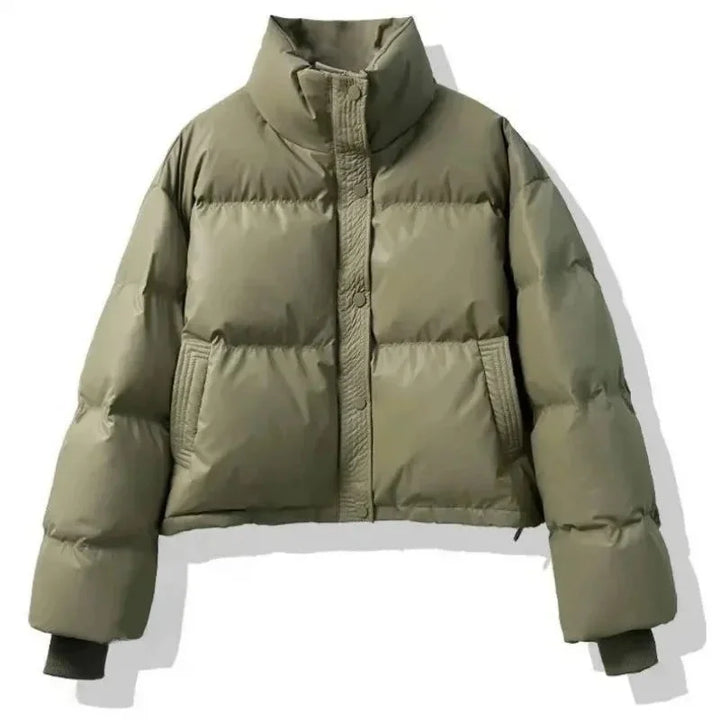 Cropped Puffer Coat - High Collar Button Front Women's Winter