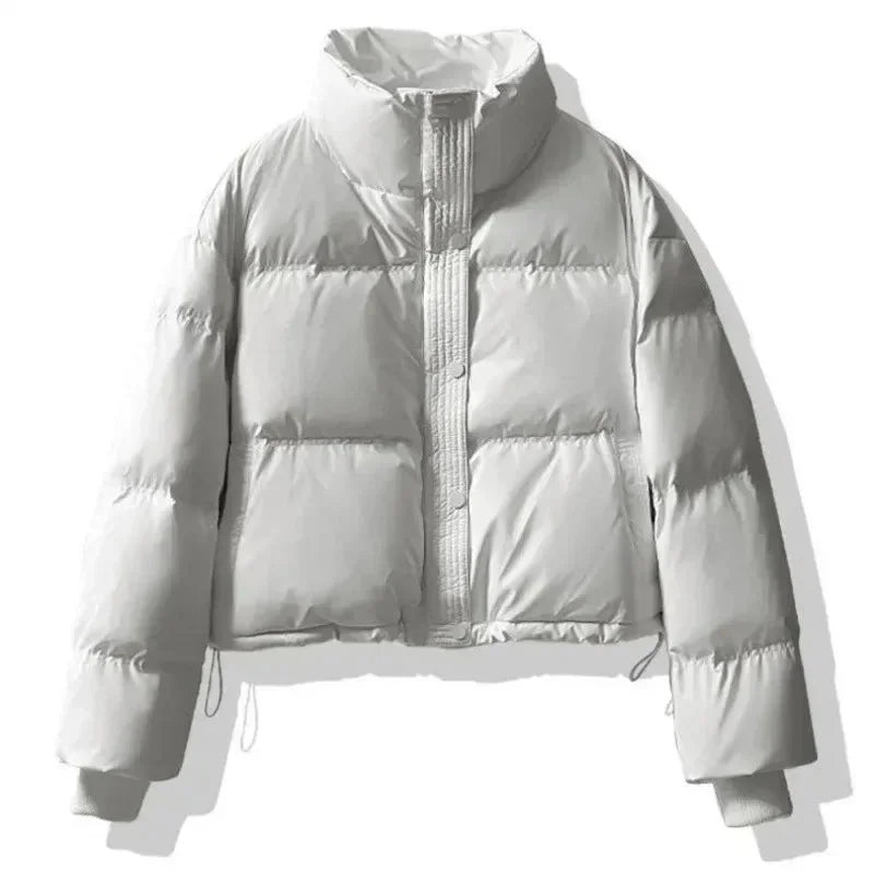 Cropped Puffer Coat - High Collar Button Front Women's Winter
