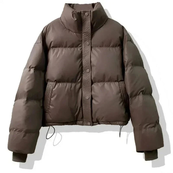 Cropped Puffer Coat - High Collar Button Front Women's Winter