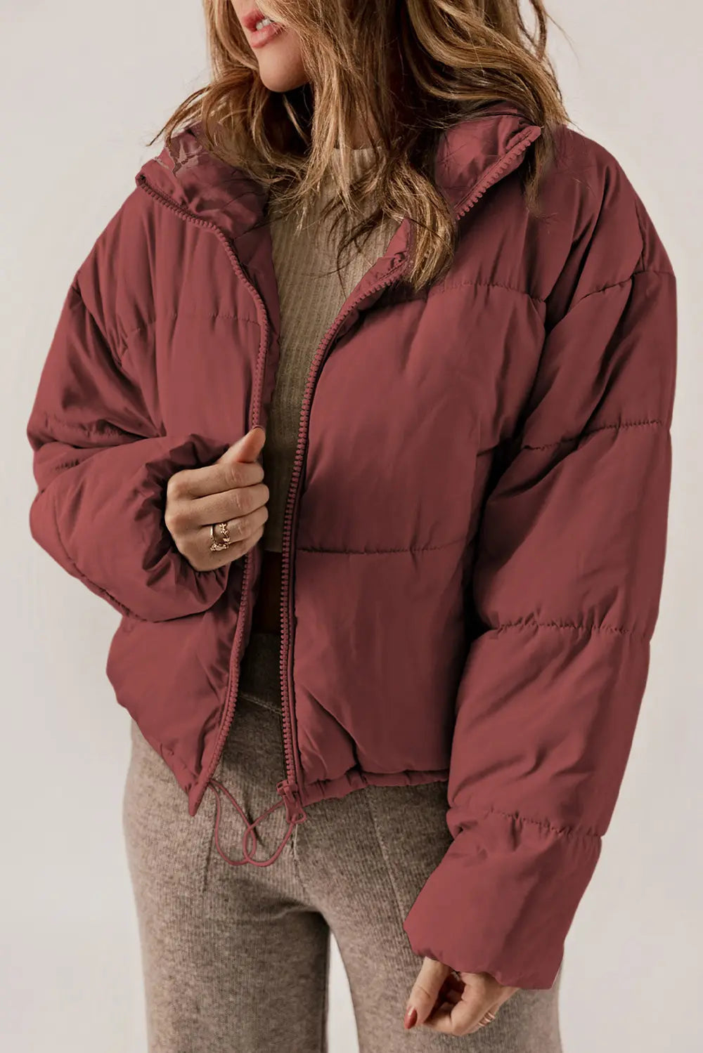 Winter Puffer Coat Women Zip Up Stand Collar Padded