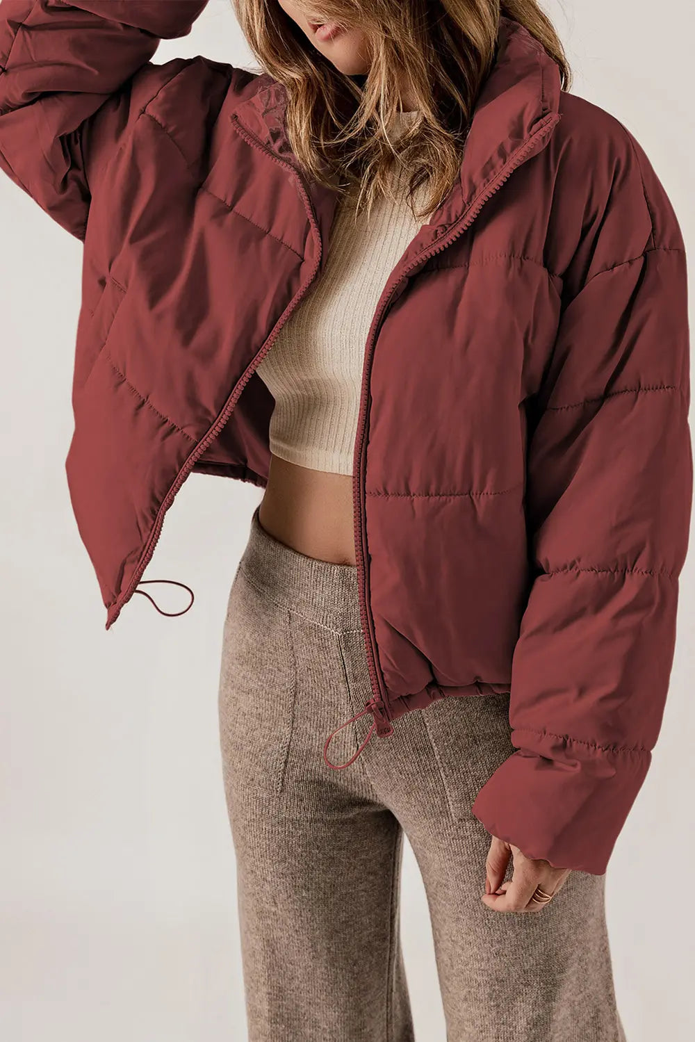 Winter Puffer Coat Women Zip Up Stand Collar Padded