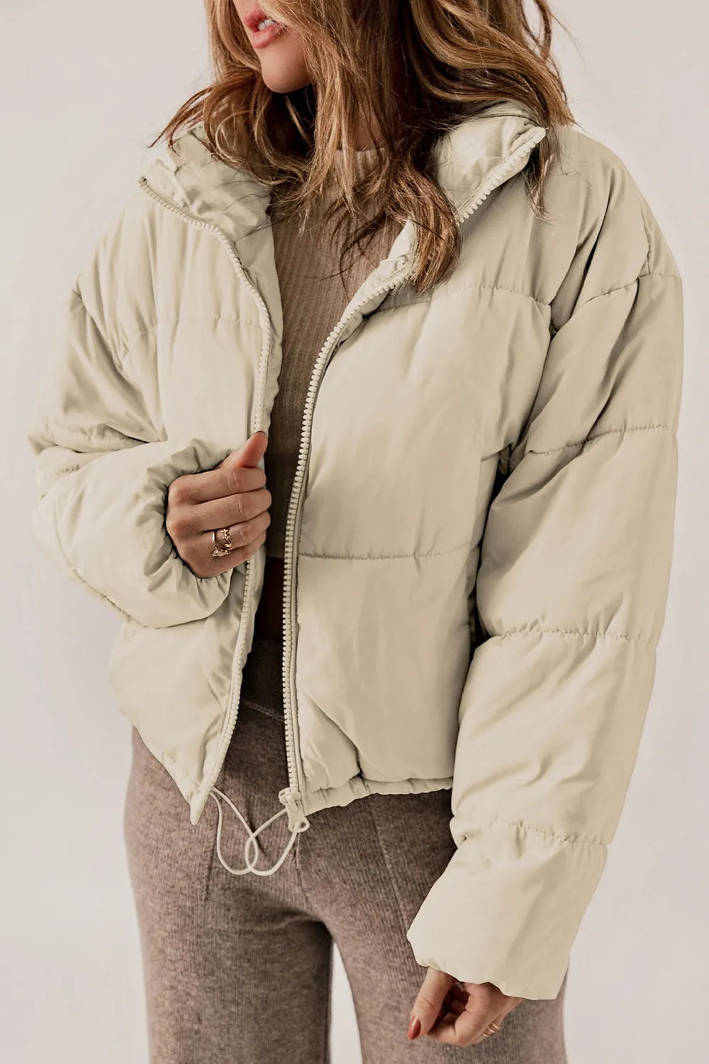 Winter Puffer Coat Women Zip Up Stand Collar Padded