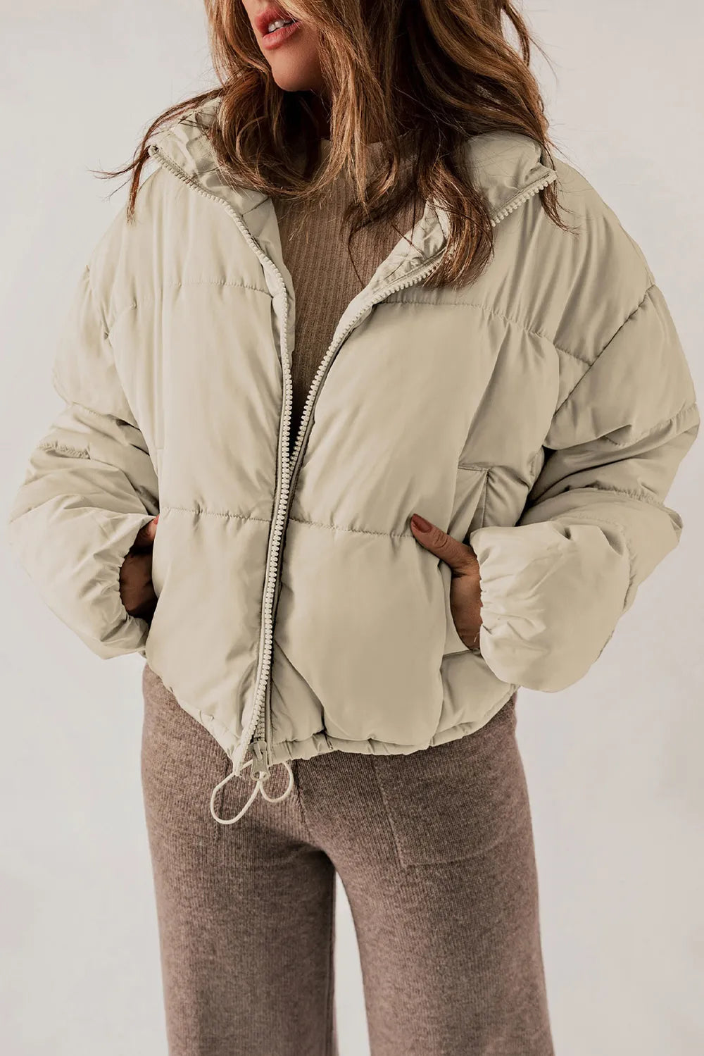 Winter Puffer Coat Women Zip Up Stand Collar Padded