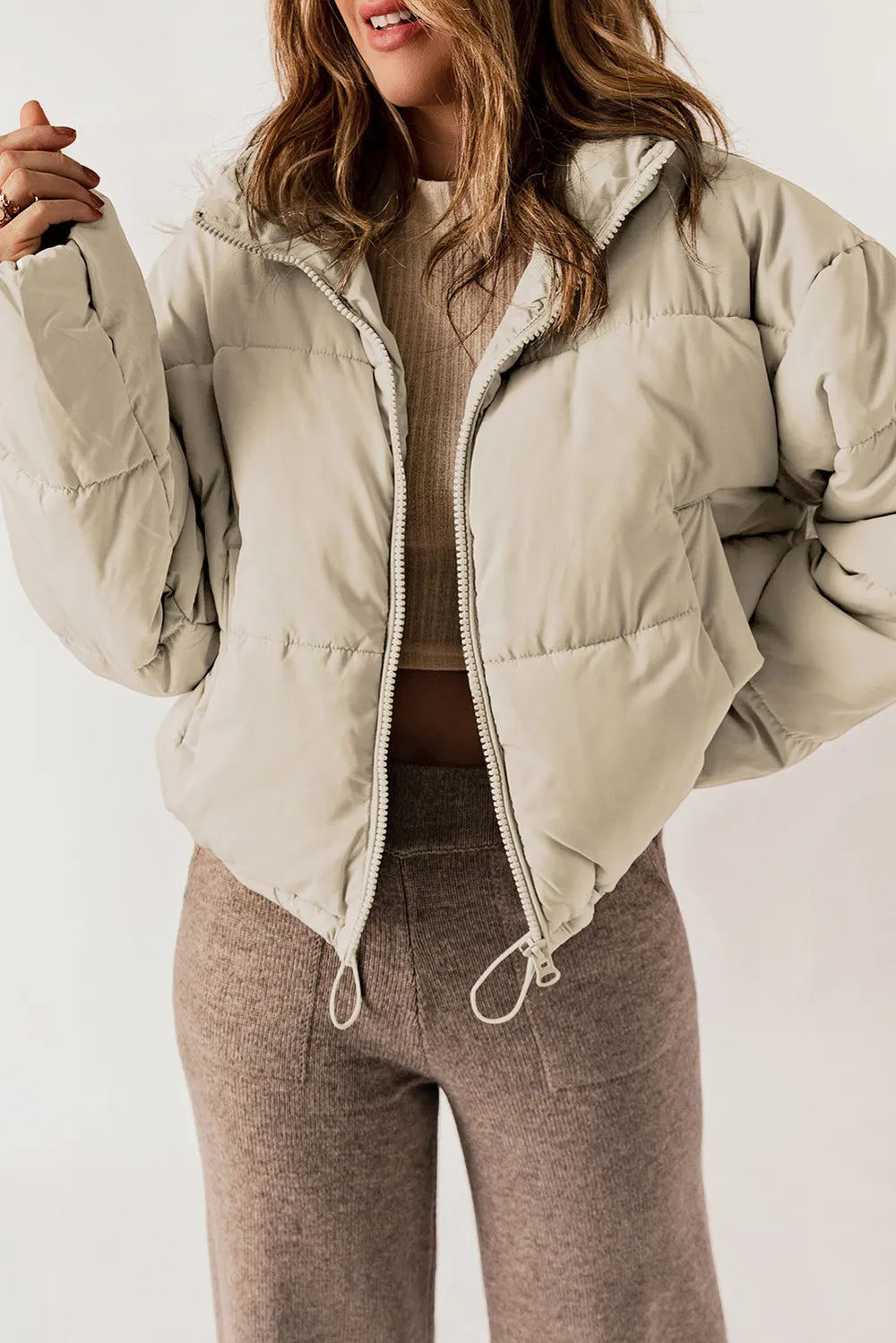 Winter Puffer Coat Women Zip Up Stand Collar Padded
