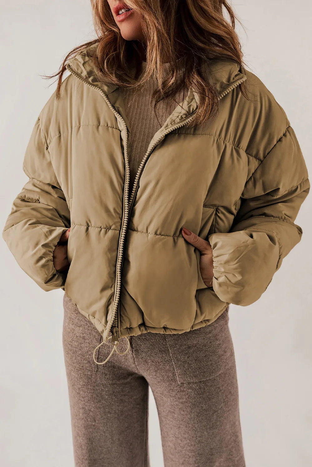 Winter Puffer Coat Women Zip Up Stand Collar Padded