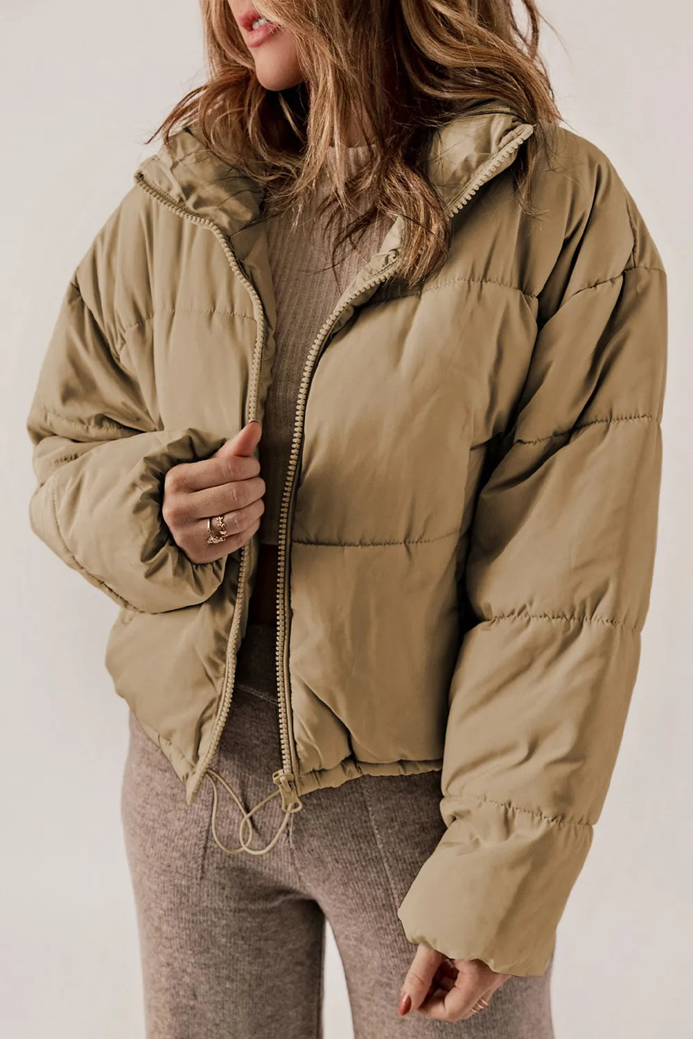 Winter Puffer Coat Women Zip Up Stand Collar Padded