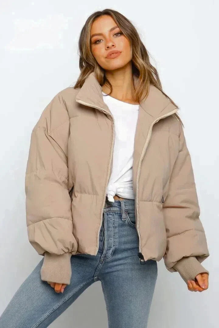 Winter Cropped Puffer Jacket Women Quilted Zip Stand Collar