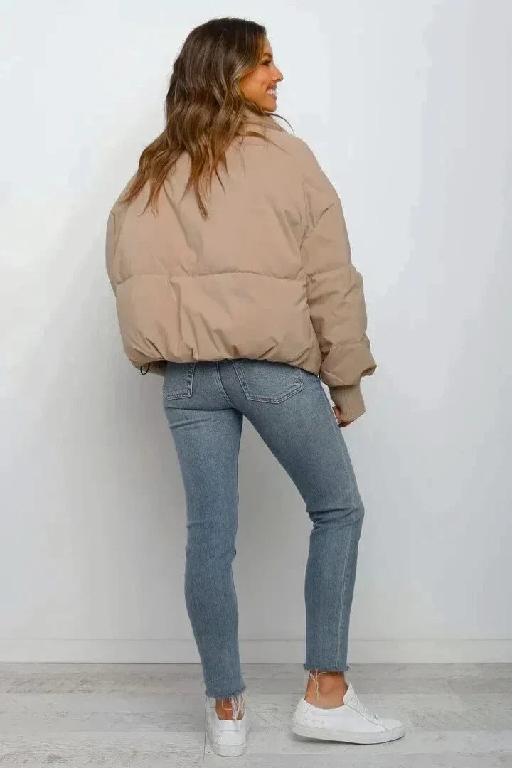 Winter Cropped Puffer Jacket Women Quilted Zip Stand Collar