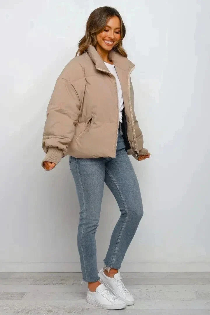 Winter Cropped Puffer Jacket Women Quilted Zip Stand Collar