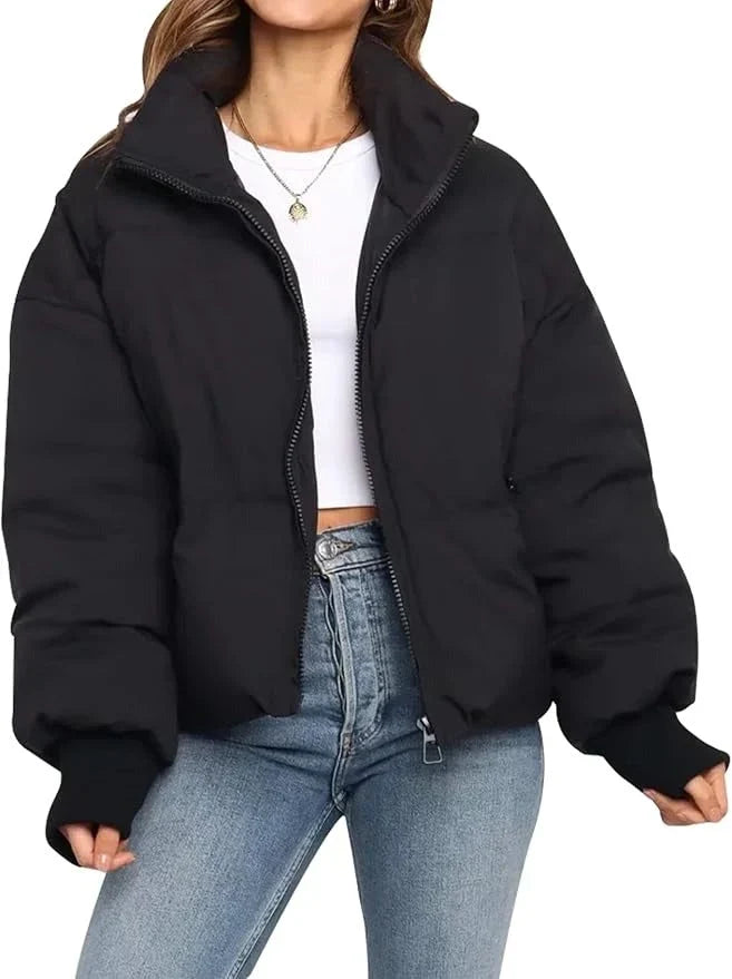 Winter Cropped Puffer Jacket Women Quilted Zip Stand Collar