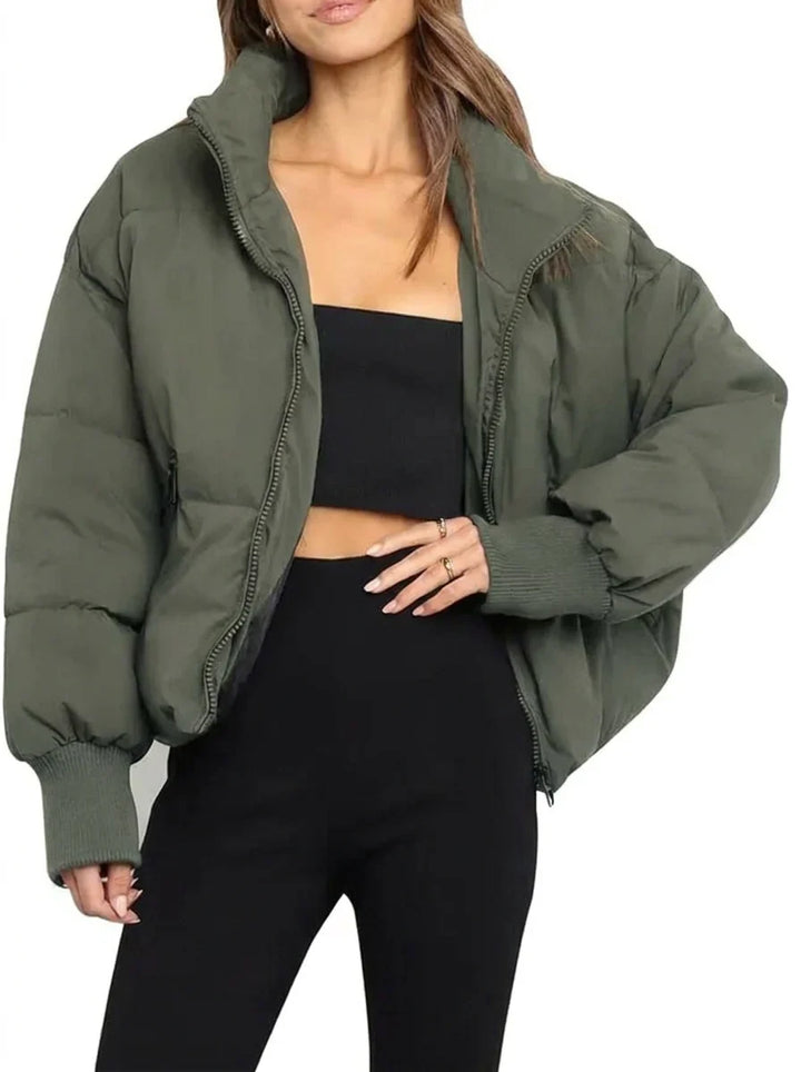 Winter Cropped Puffer Jacket Women Quilted Zip Stand Collar