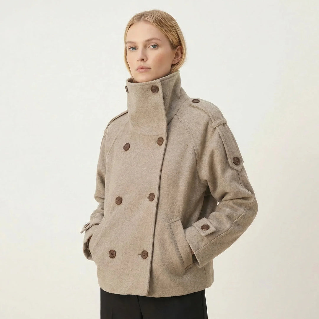 Winter Pea Coat Women Wool Blend Double Breasted Stand Collar