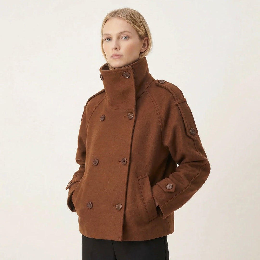 Winter Pea Coat Women Wool Blend Double Breasted Stand Collar