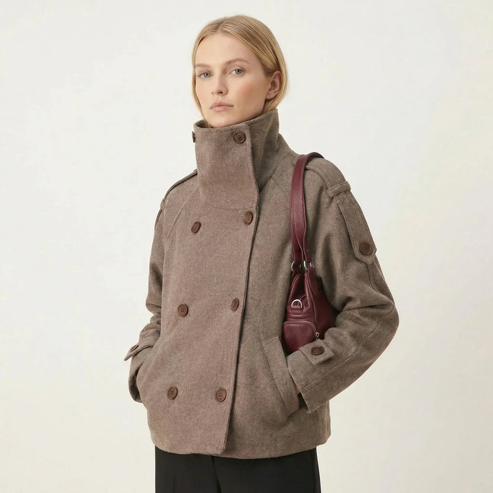 Winter Pea Coat Women Wool Blend Double Breasted Stand Collar