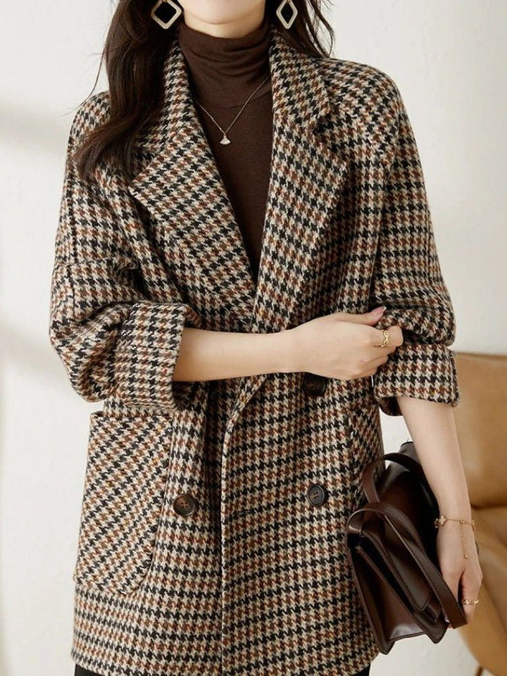 Winter Houndstooth Blazer Coat Women Double Breasted Wool Look