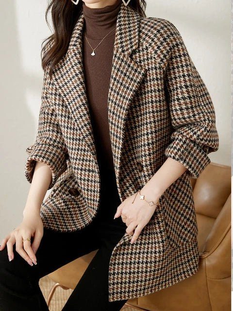 Winter Houndstooth Blazer Coat Women Double Breasted Wool Look
