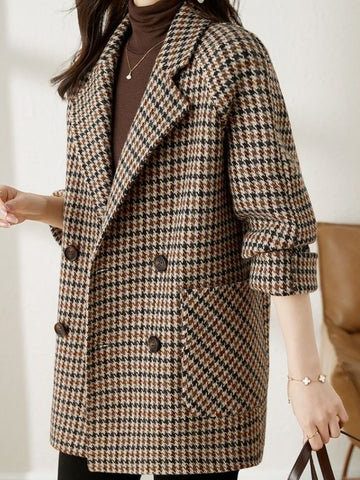 Winter Houndstooth Blazer Coat Women Double Breasted Wool Look