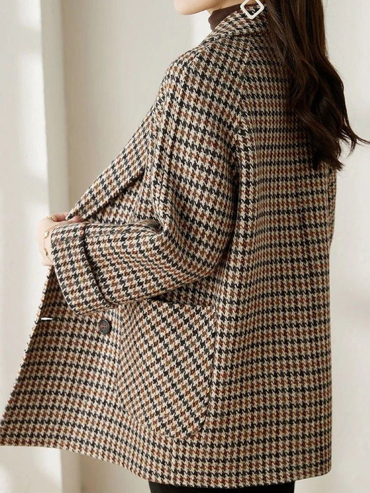 Winter Houndstooth Blazer Coat Women Double Breasted Wool Look