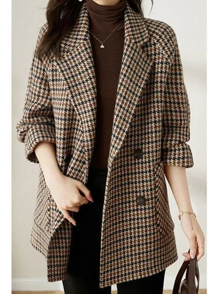 Winter Houndstooth Blazer Coat Women Double Breasted Wool Look