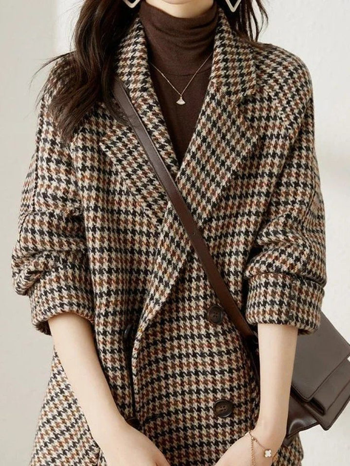 Winter Houndstooth Blazer Coat Women Double Breasted Wool Look